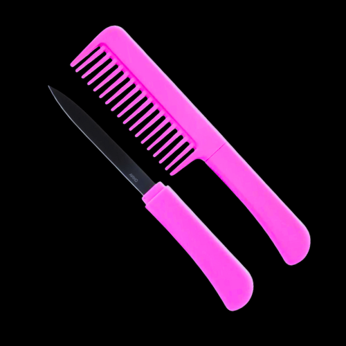 Pink hidden blade comb knife for discreet self-defense, disguised as everyday grooming tool