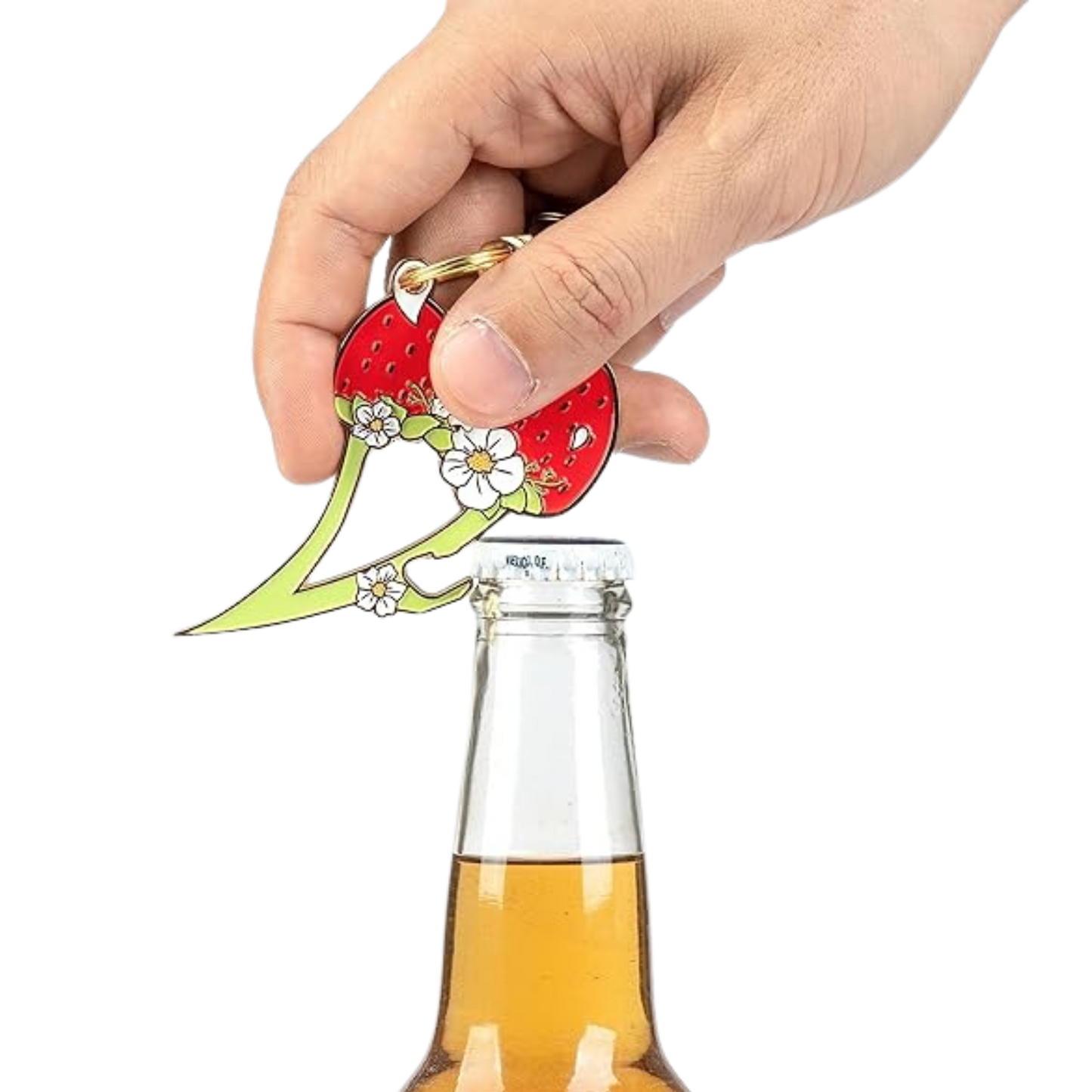 Hand using a bottle opener shaped like a strawberry with a green stem on a white background