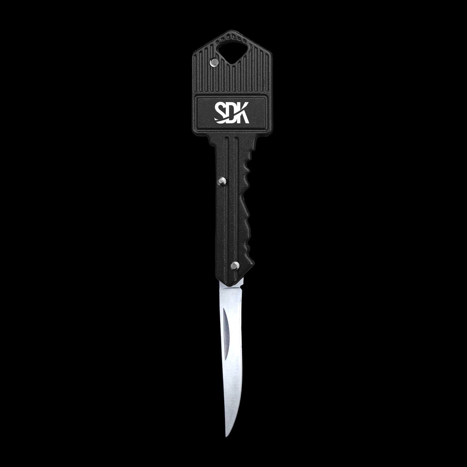 SDK Key Knife Black, open position (stainless steel key-shaped flip knife)