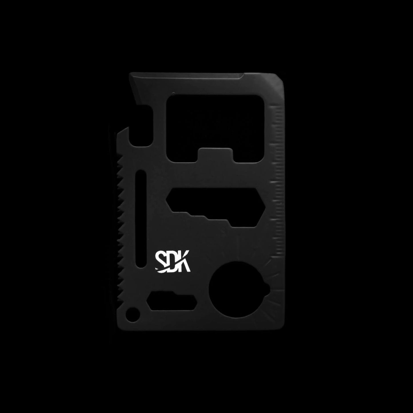 SDK Multi Card Tool, Black (credit card sized stainless steel tool with 10 functions: Can opener, Knife edge, Screwdriver, Ruler, Cap opener, 2 Position wrench, 4 Position wrench, Butterfly wrench, Saw blade and Direction ancillary indication)