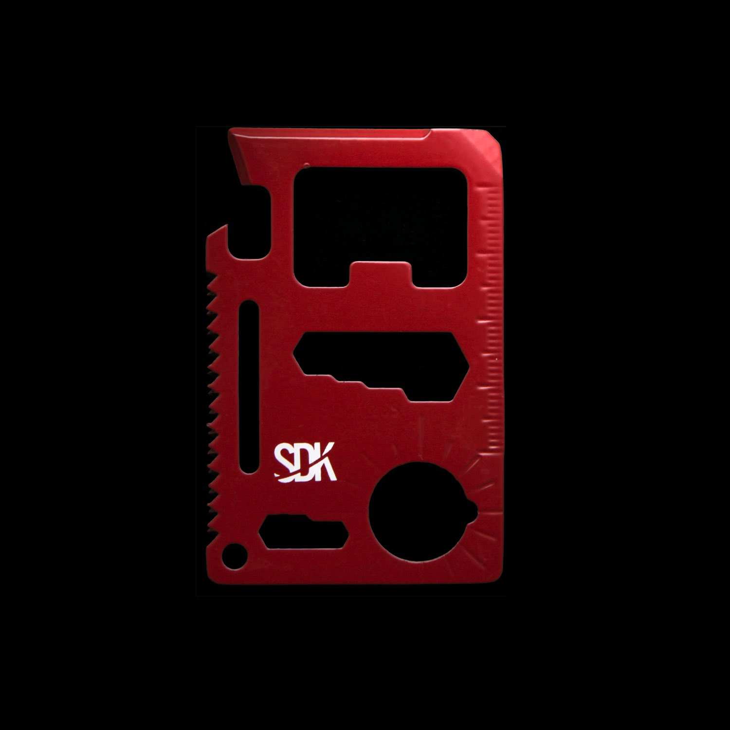 SDK Multi Card Tool, Red (credit card sized stainless steel tool with 10 functions: Can opener, Knife edge, Screwdriver, Ruler, Cap opener, 2 Position wrench, 4 Position wrench, Butterfly wrench, Saw blade and Direction ancillary indication)