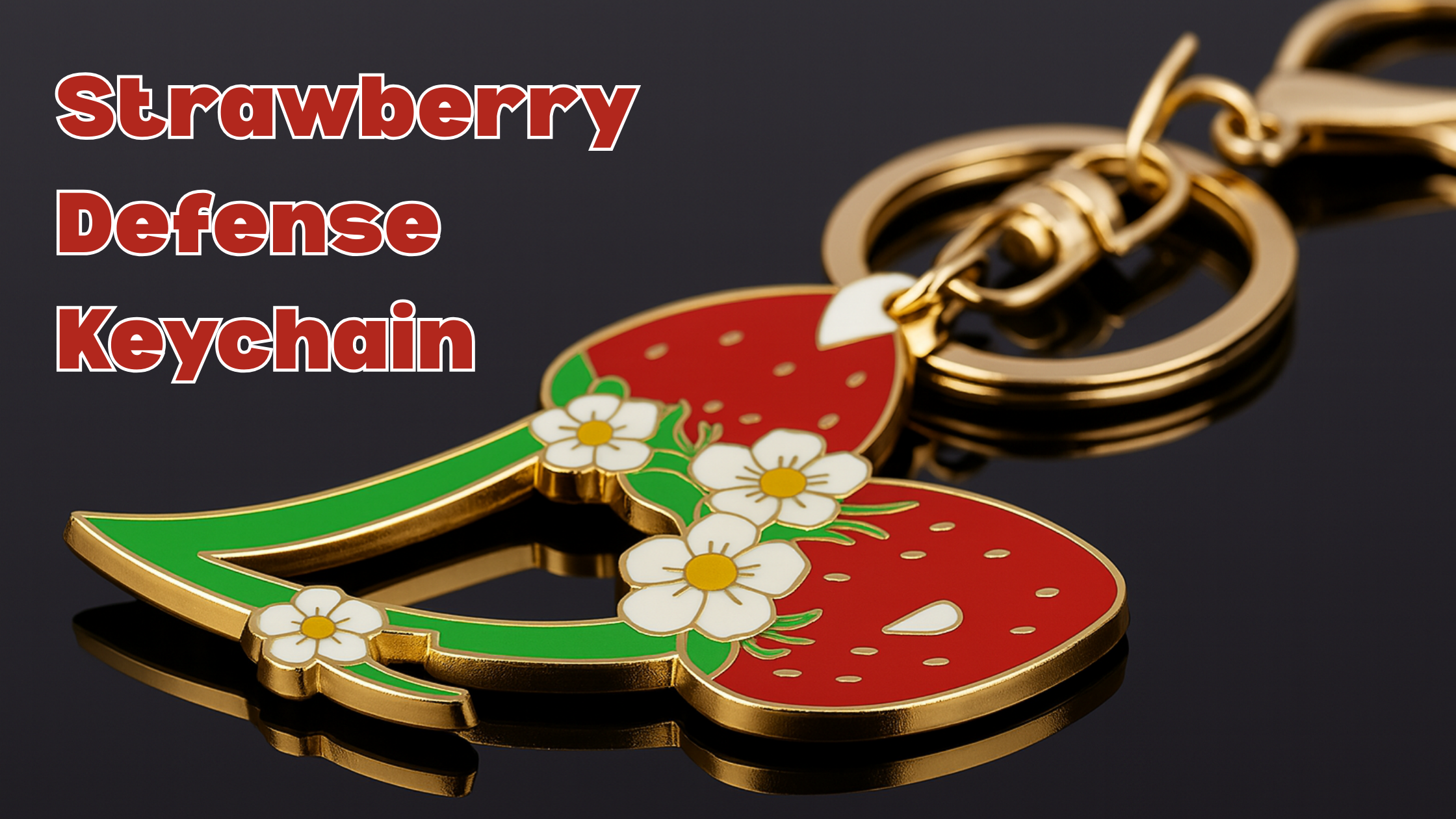 strawberry self defense keychain laid out showing details