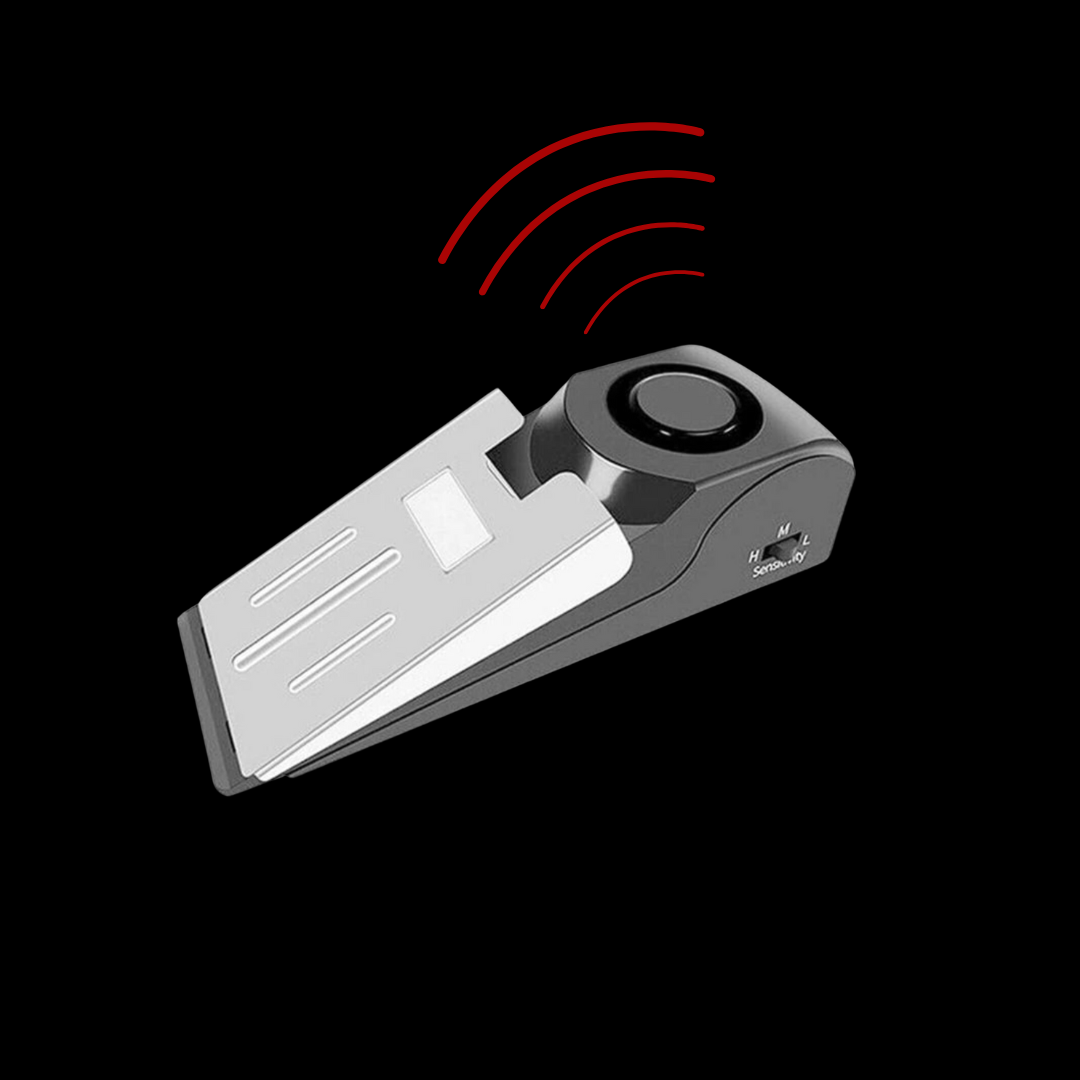 Wedge-style door stop alarm with motion-sensitive siren for entry alert and personal safety