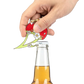 Hand using a bottle opener shaped like a strawberry with a green stem on a white background