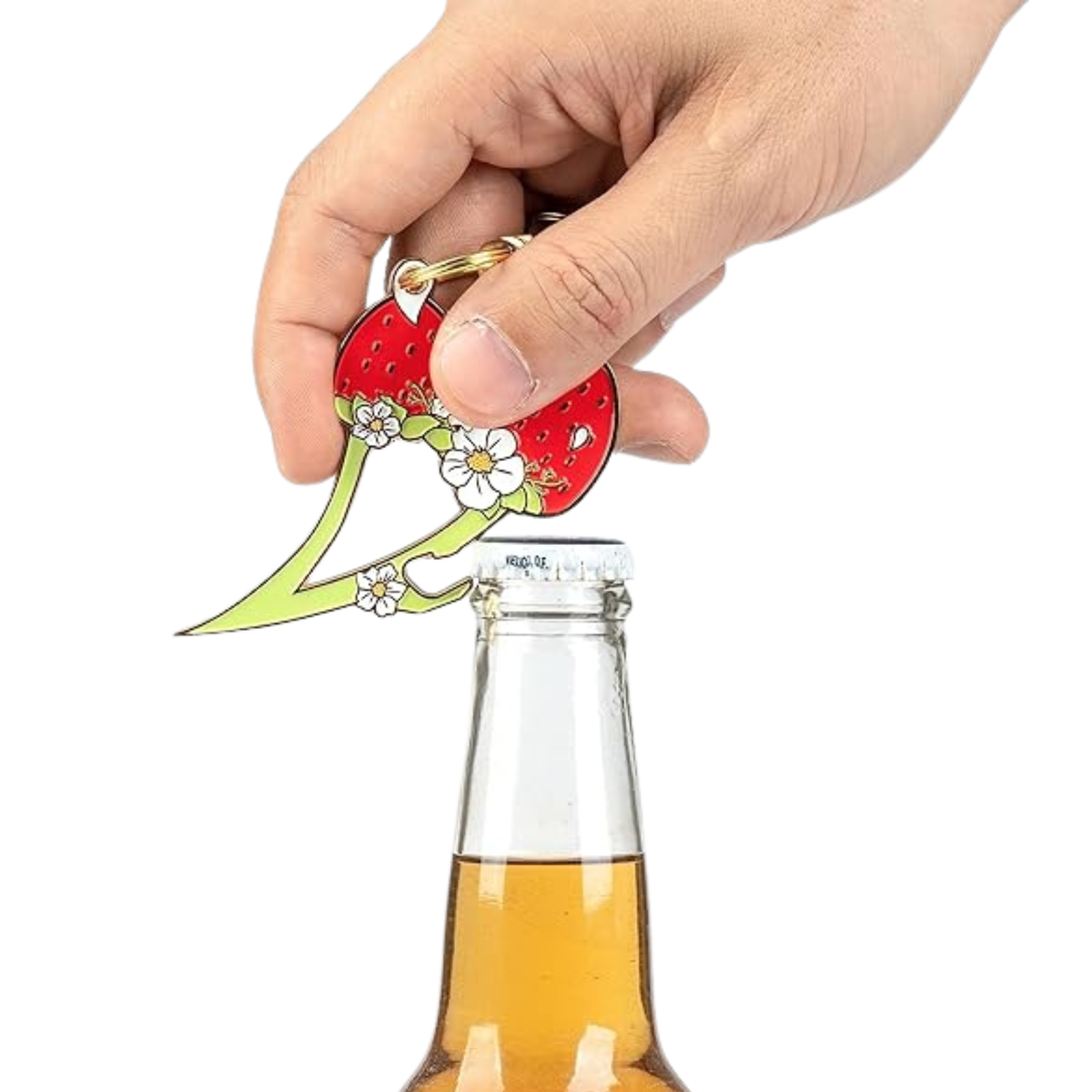 Hand using a bottle opener shaped like a strawberry with a green stem on a white background