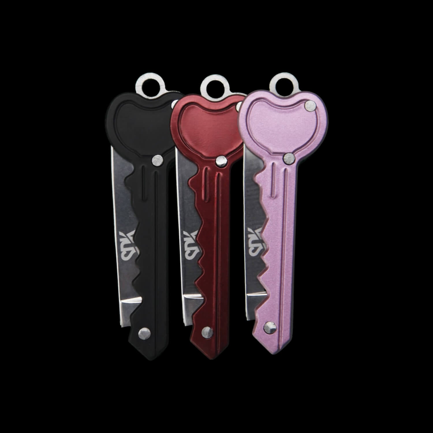 SDK Heart Key Knife, Black, Red & Pink (stainless steel heart-shaped flip knife)