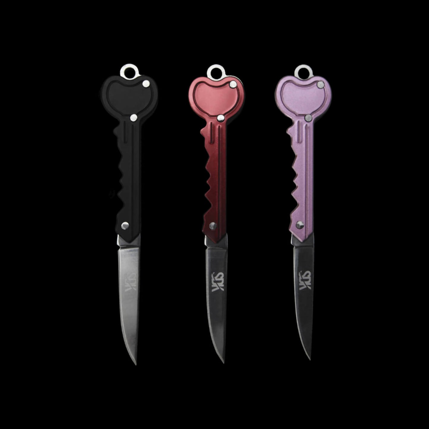 SDK Heart Key Knife, Black, Red & Pink open position (stainless steel heart-shaped flip knife)
