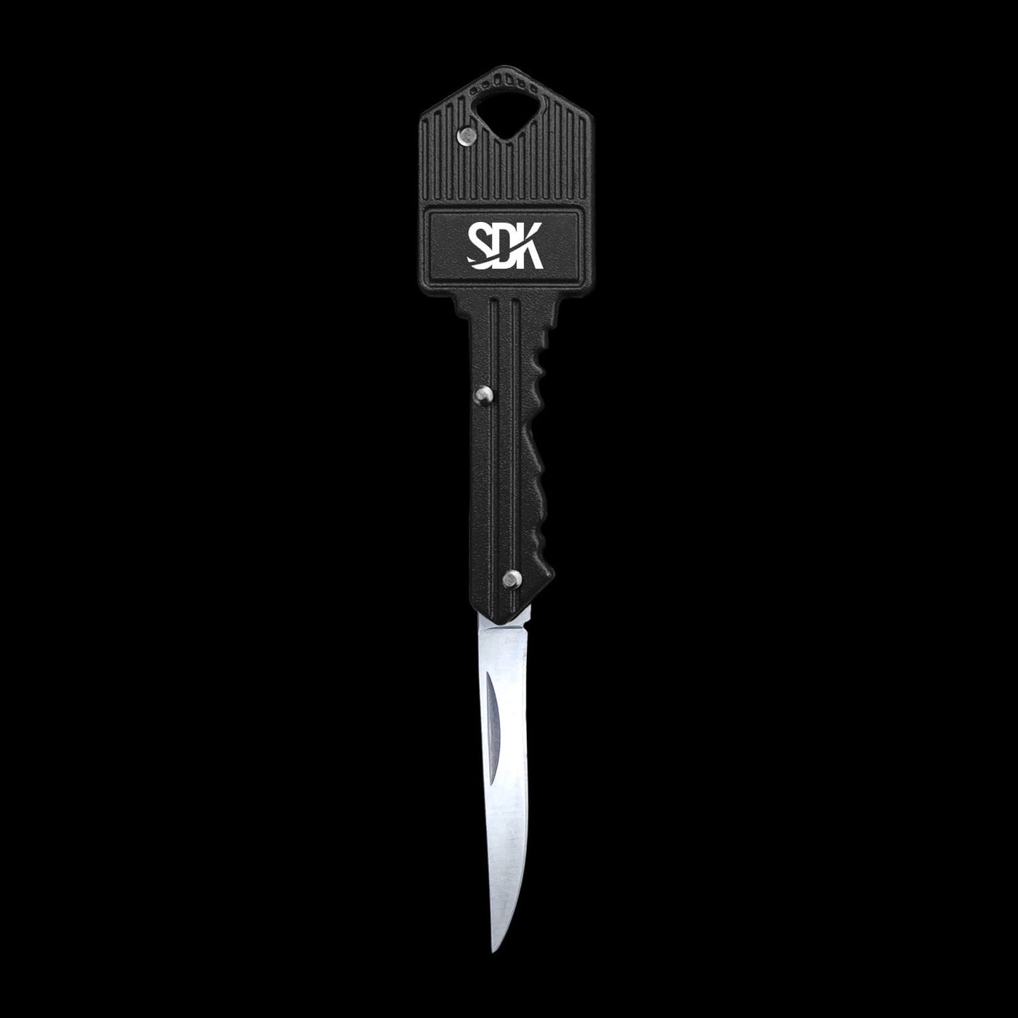 SDK Key Knife Black, open position (stainless steel key-shaped flip knife)