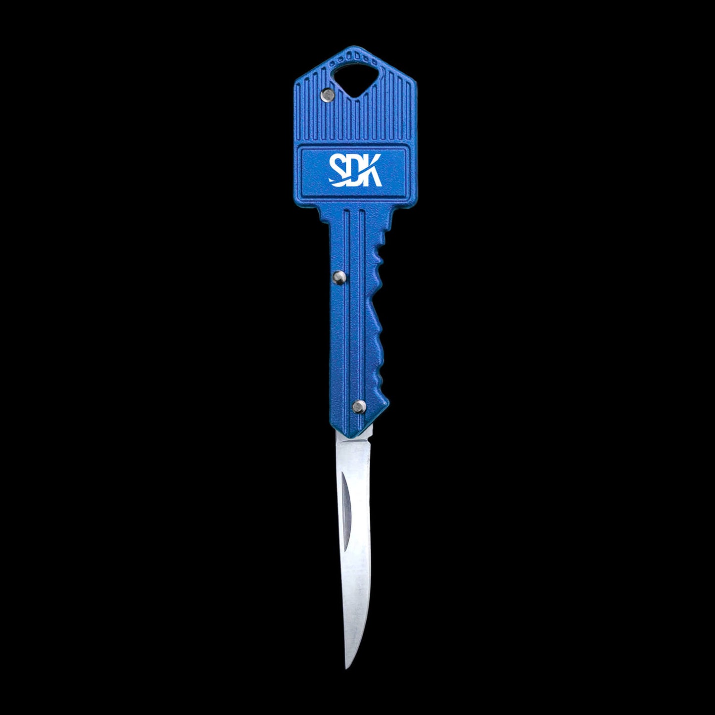 SDK Key Knife Blue, open position (stainless steel key-shaped flip knife)