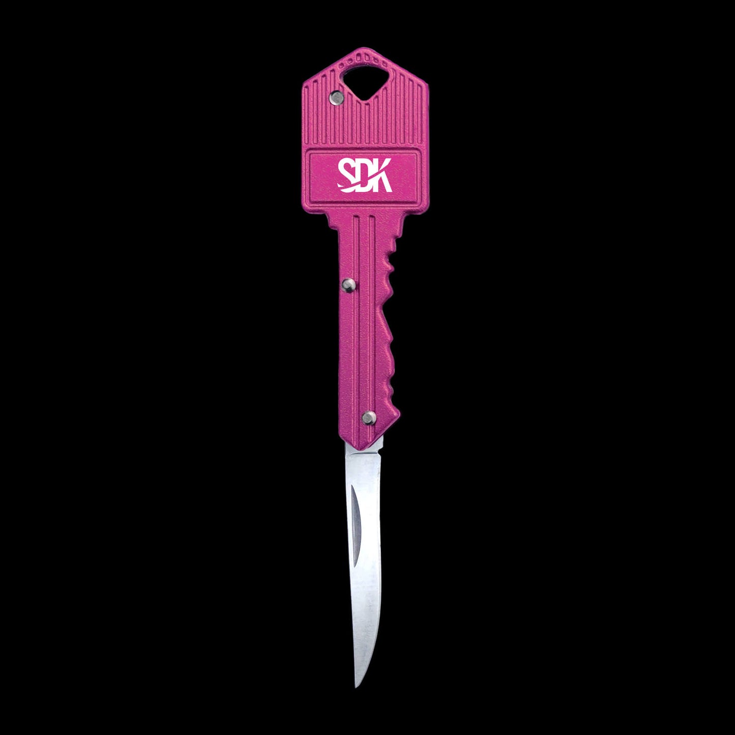 SDK Key Knife Pink, open position (stainless steel key-shaped flip knife)