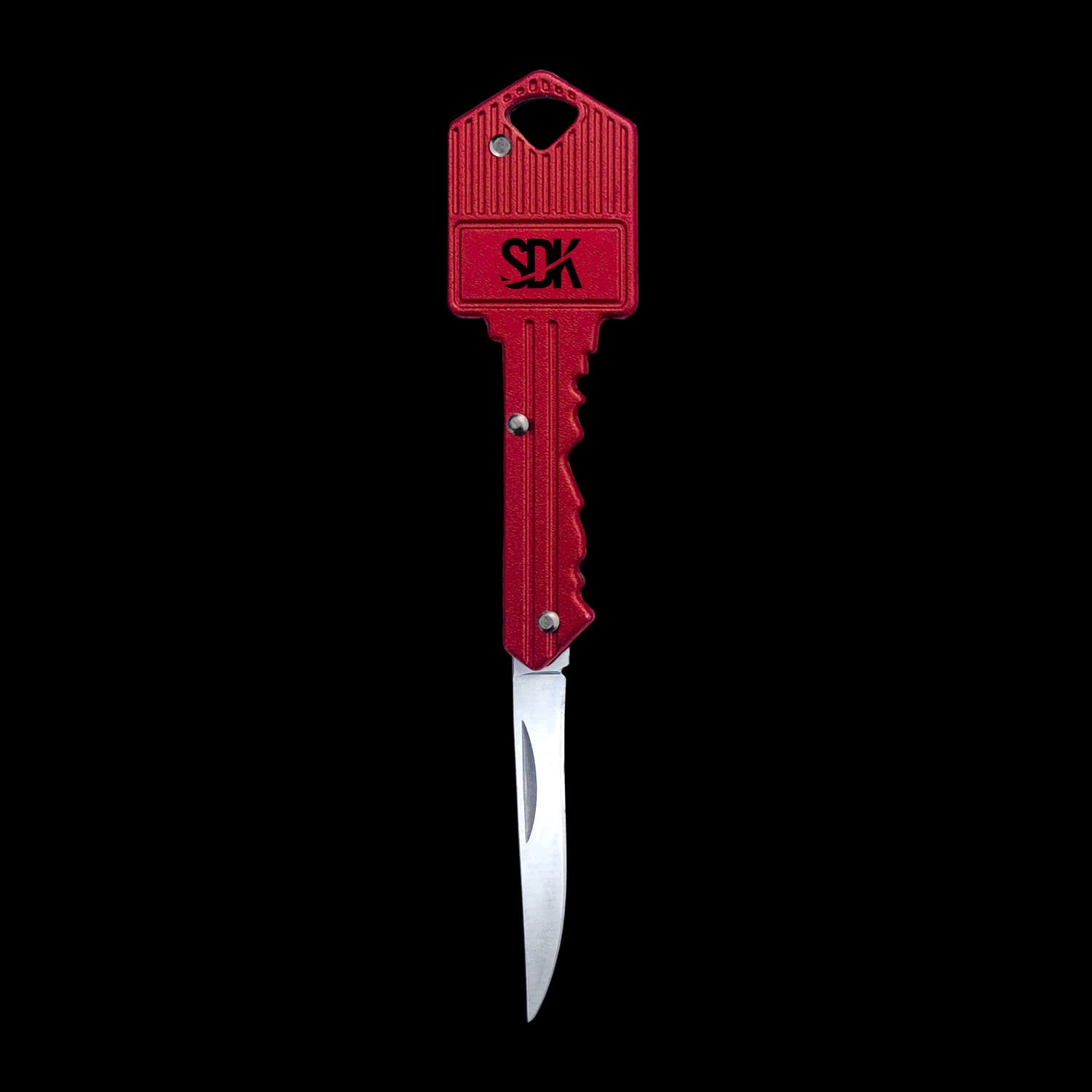 SDK Key Knife Red, open position (stainless steel key-shaped flip knife)