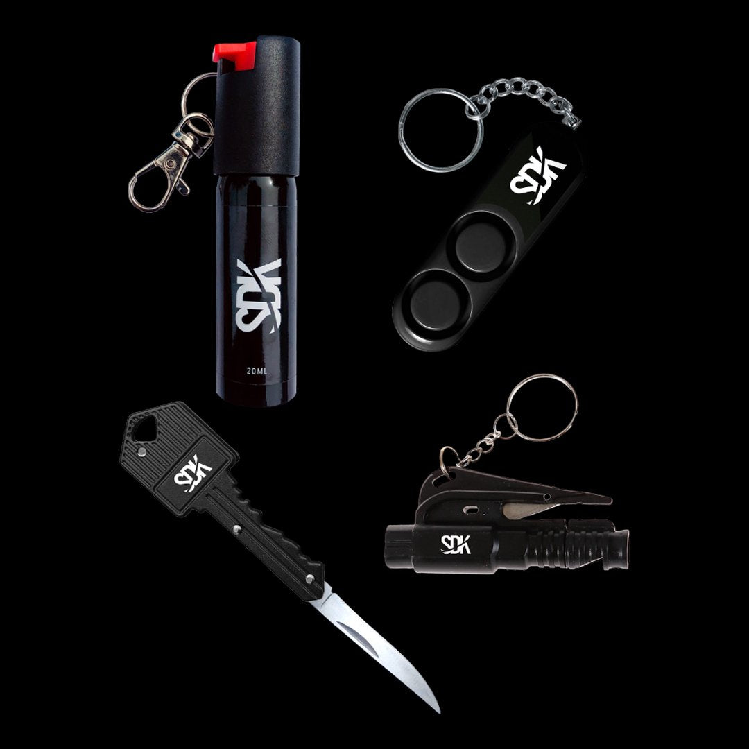 SDK Black Kit with Pepper Spray, Personal Safety Alarm, Key Knife & Escape Tool