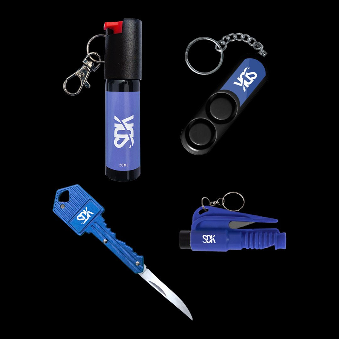 SDK Blue Kit with Pepper Spray, Personal Safety Alarm, Key Knife & Escape Tool
