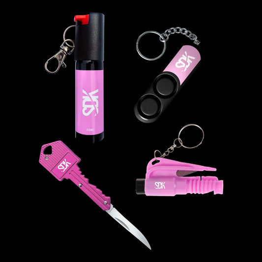 SDK Pink Kit with Pepper Spray, Personal Safety Alarm, Key Knife & Escape Tool