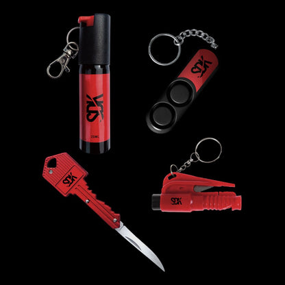 SDK Red Kit with Pepper Spray, Personal Safety Alarm, Key Knife & Escape Tool