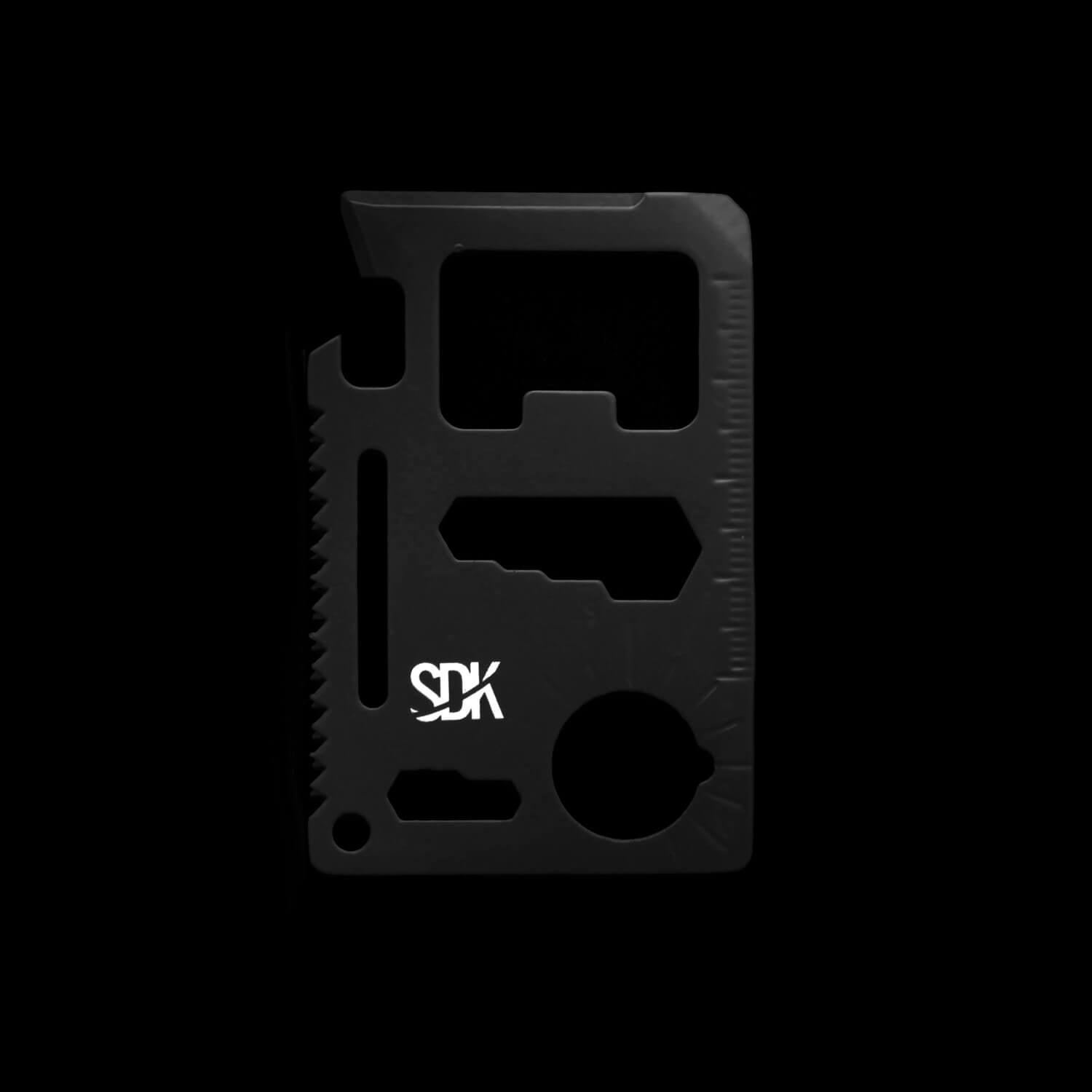 SDK Multi Card Tool, Black (credit card sized stainless steel tool with 10 functions: Can opener, Knife edge, Screwdriver, Ruler, Cap opener, 2 Position wrench, 4 Position wrench, Butterfly wrench, Saw blade and Direction ancillary indication)