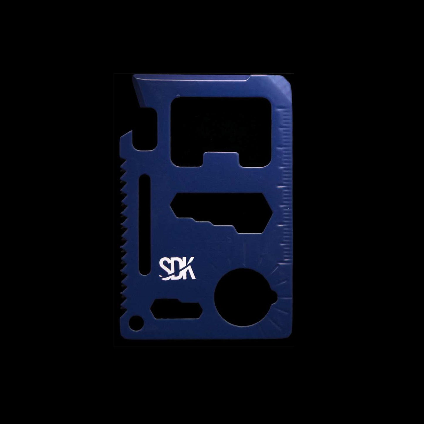 SDK Multi Card Tool, Blue (credit card sized stainless steel tool with 10 functions: Can opener, Knife edge, Screwdriver, Ruler, Cap opener, 2 Position wrench, 4 Position wrench, Butterfly wrench, Saw blade and Direction ancillary indication)