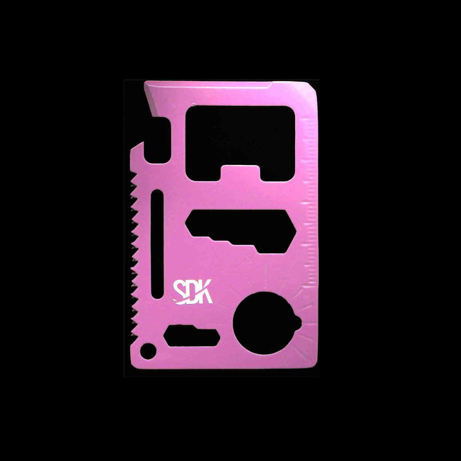 SDK Multi Card Tool, Pink (credit card sized stainless steel tool with 10 functions: Can opener, Knife edge, Screwdriver, Ruler, Cap opener, 2 Position wrench, 4 Position wrench, Butterfly wrench, Saw blade and Direction ancillary indication)