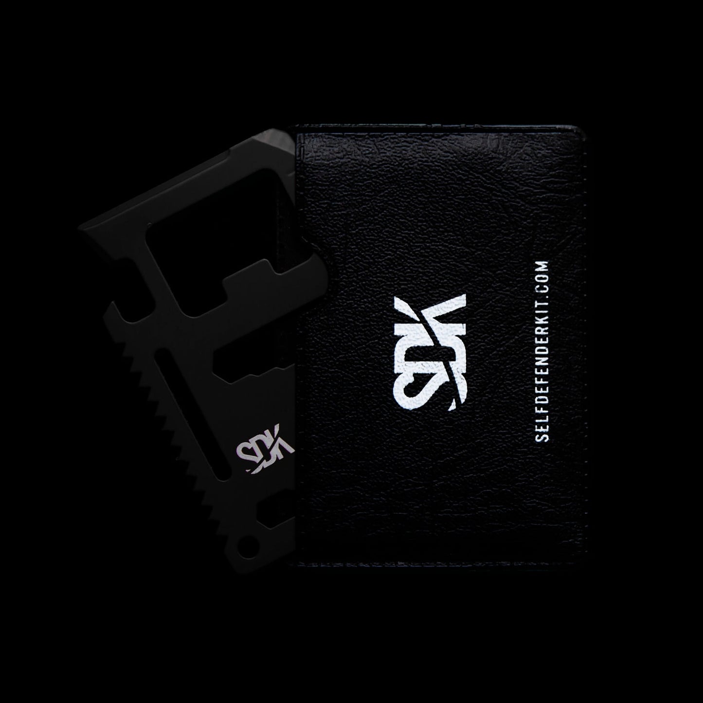 SDK Multi Card Tool, Black with card holder (credit card sized stainless steel tool with 10 functions: Can opener, Knife edge, Screwdriver, Ruler, Cap opener, 2 Position wrench, 4 Position wrench, Butterfly wrench, Saw blade and Direction ancillary indication)