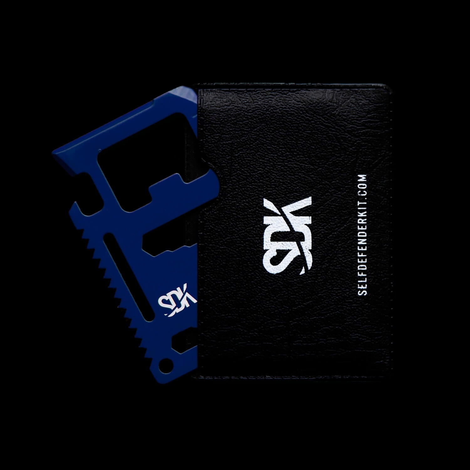 SDK Multi Card Tool, Blue with card holder (credit card sized stainless steel tool with 10 functions: Can opener, Knife edge, Screwdriver, Ruler, Cap opener, 2 Position wrench, 4 Position wrench, Butterfly wrench, Saw blade and Direction ancillary indication)