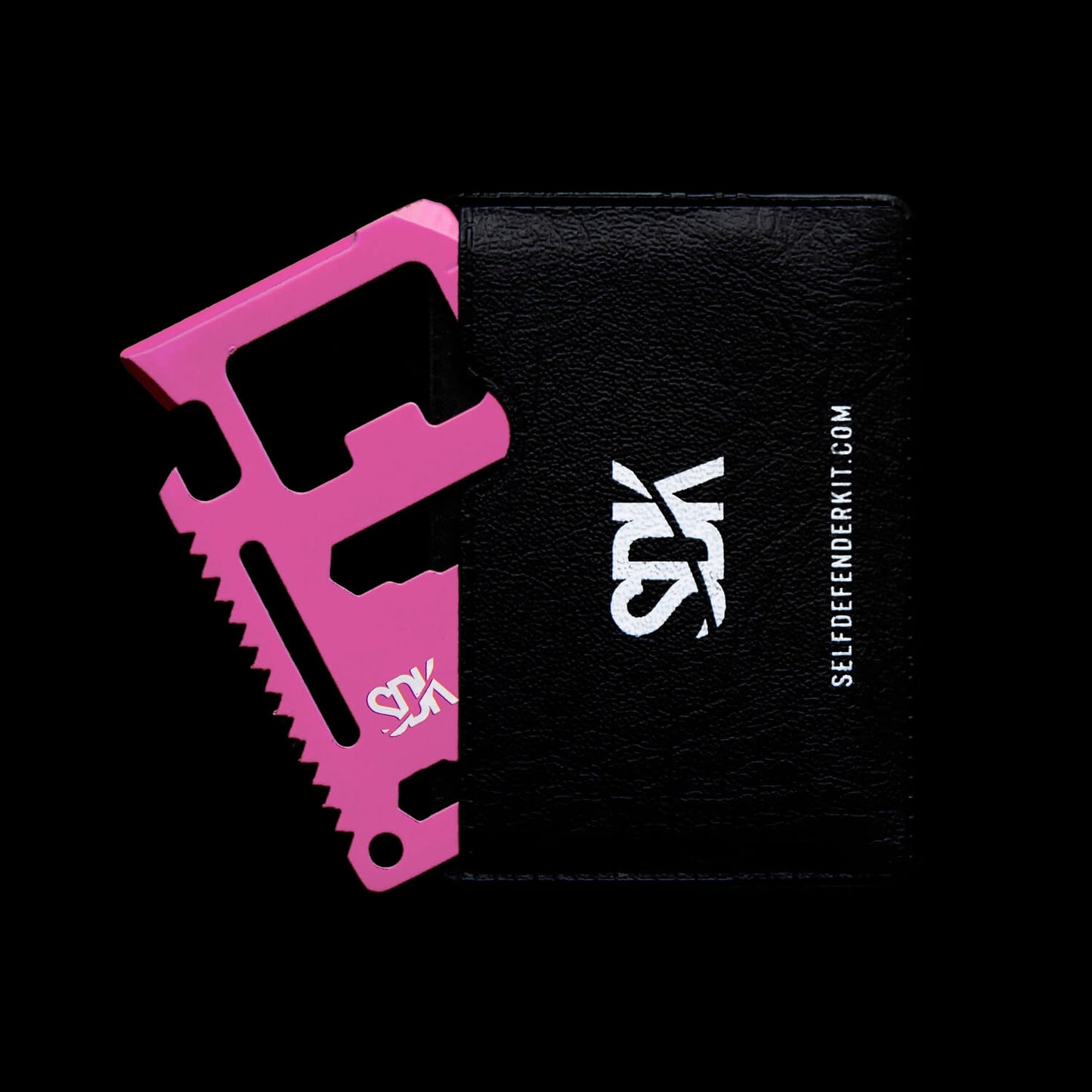 SDK Multi Card Tool, Pink with card holder (credit card sized stainless steel tool with 10 functions: Can opener, Knife edge, Screwdriver, Ruler, Cap opener, 2 Position wrench, 4 Position wrench, Butterfly wrench, Saw blade and Direction ancillary indication)