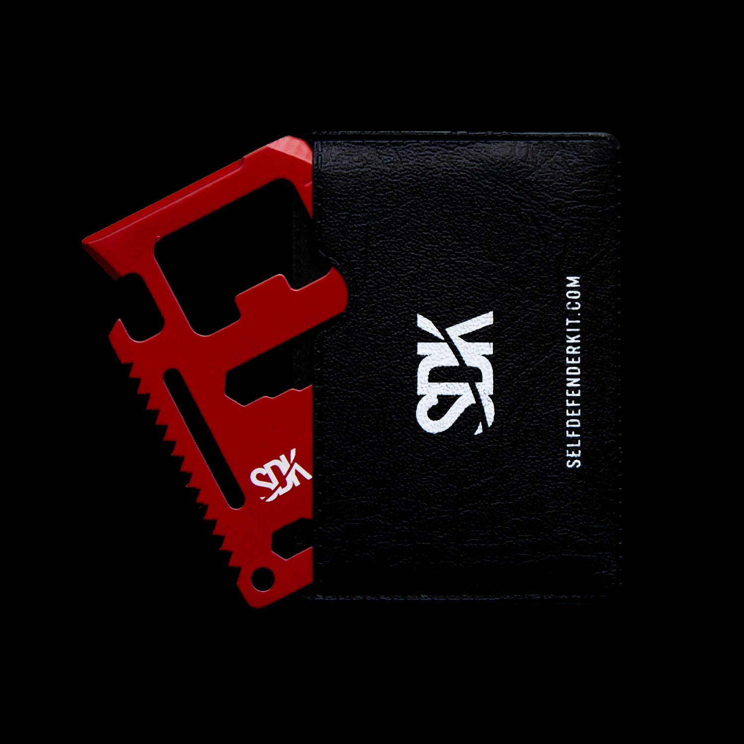 SDK Multi Card Tool, Red with card holder (credit card sized stainless steel tool with 10 functions: Can opener, Knife edge, Screwdriver, Ruler, Cap opener, 2 Position wrench, 4 Position wrench, Butterfly wrench, Saw blade and Direction ancillary indication)