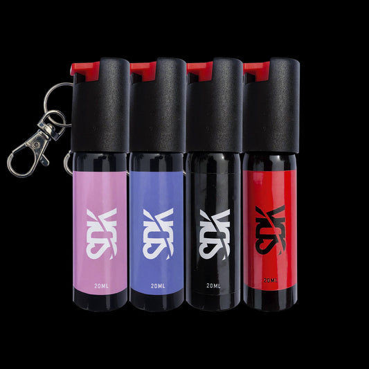 SDK Pepper Spray, Pink, Blue, Black and Red (20ml compact Pepper Spray with keychain attachment)