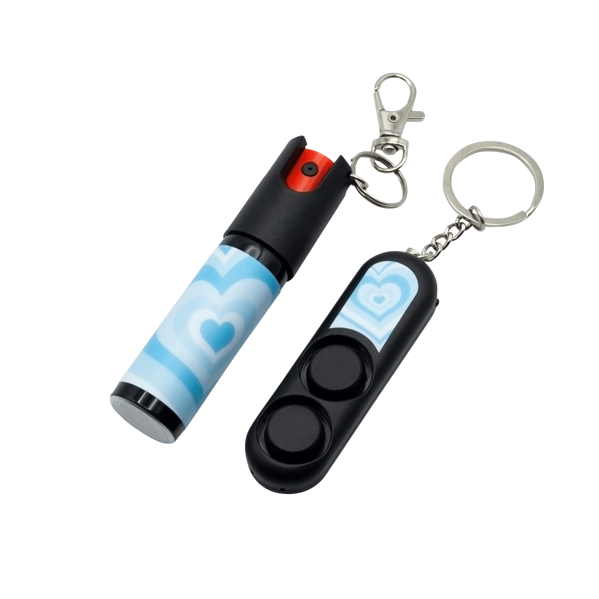 Blue heart pepper spray keychain with safety lock and compact design for personal protection