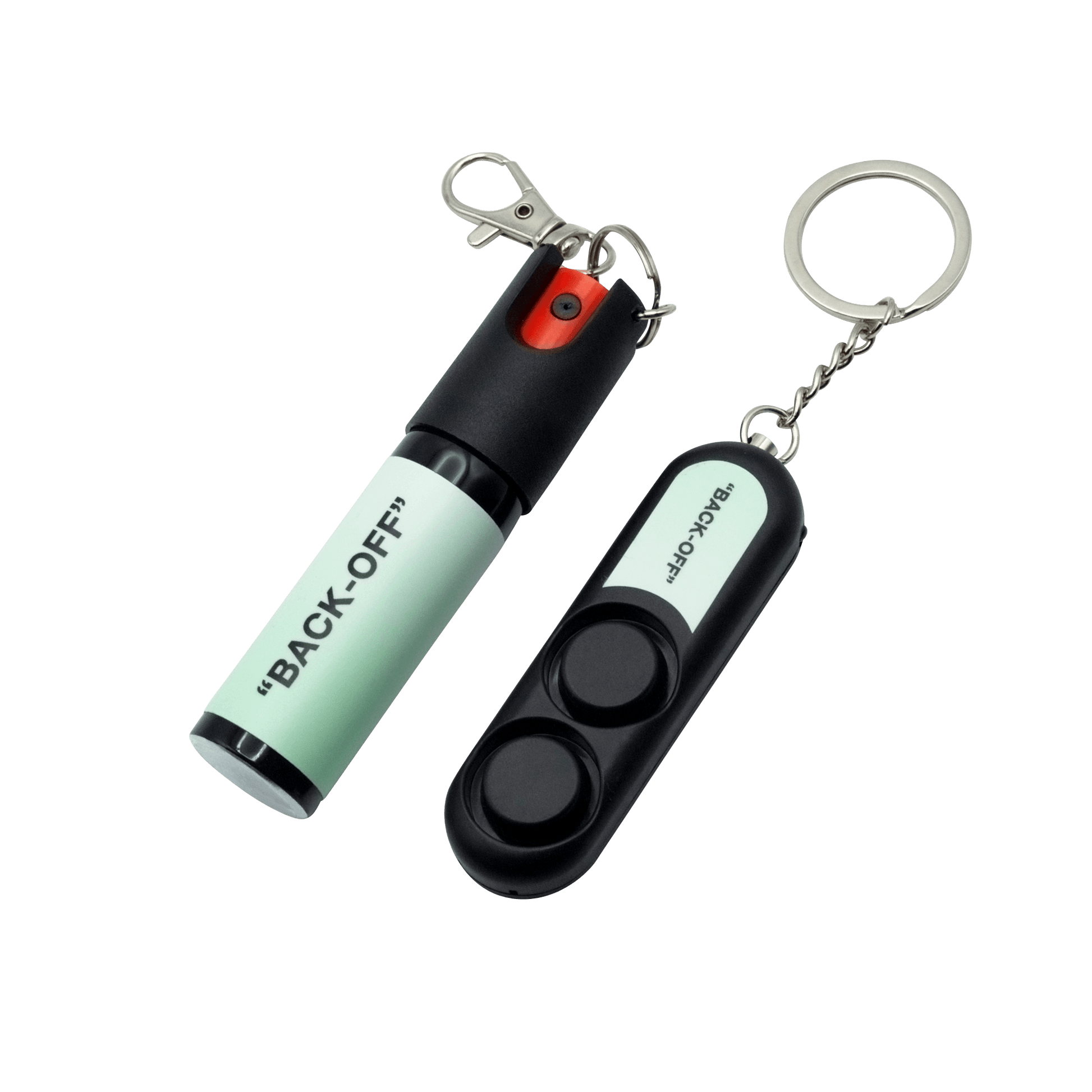 Green “Back Off” SDK Pepper Spray (20ml compact Pepper Spray with keychain attachment) & SDK Personal Safety Alarm (120db loud sound personal alarm which activates with pin removal)