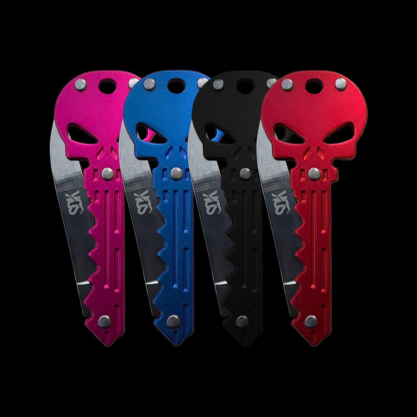 SDK Skull Knife, Pink, Blue, Black and Red (stainless steel skull-shaped flip knife)